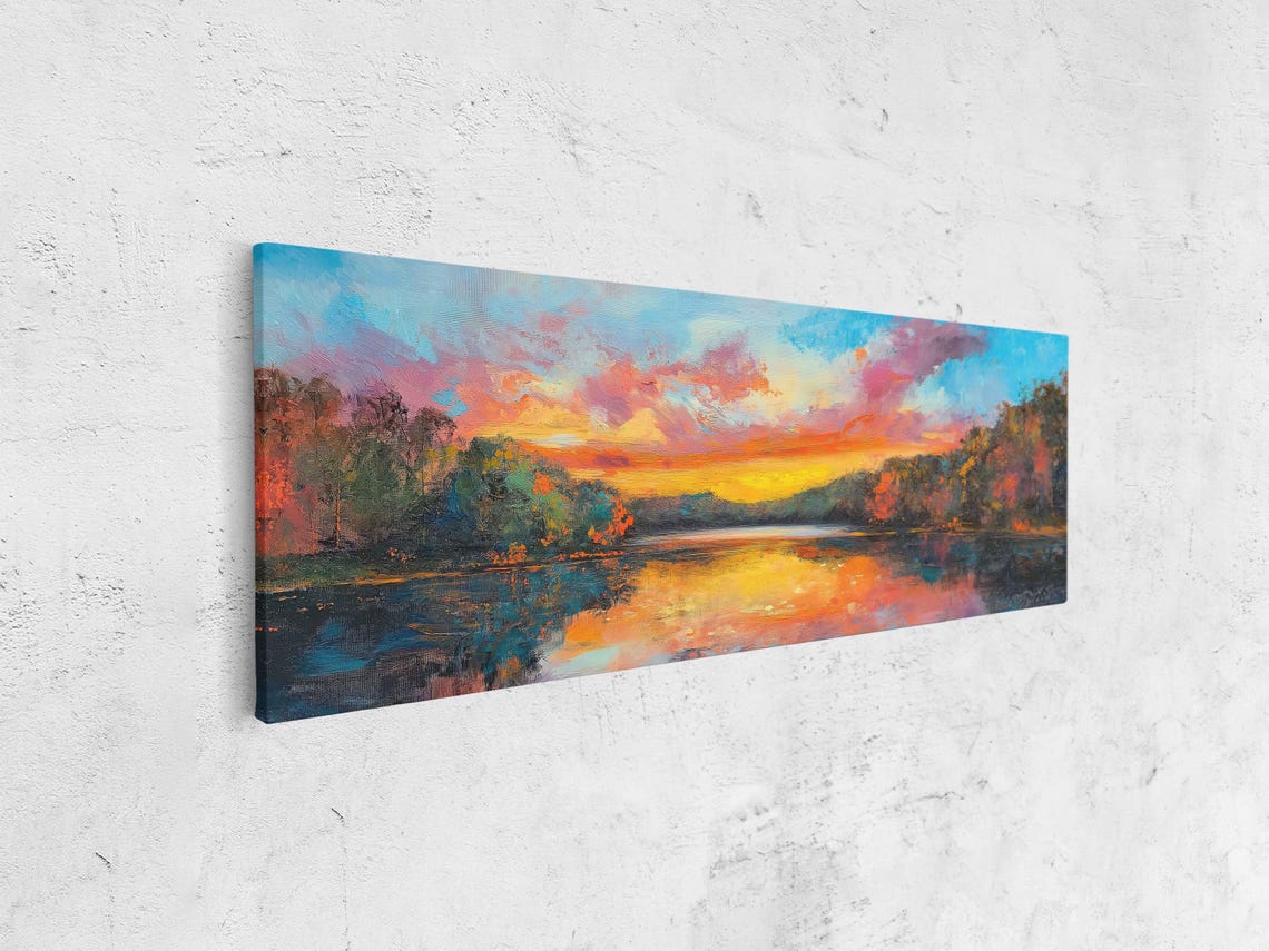 Breathtaking Spring Landscape Sunset Wall Art Print Fiery Colors Peaceful Lake Blooming Trees - Image 4