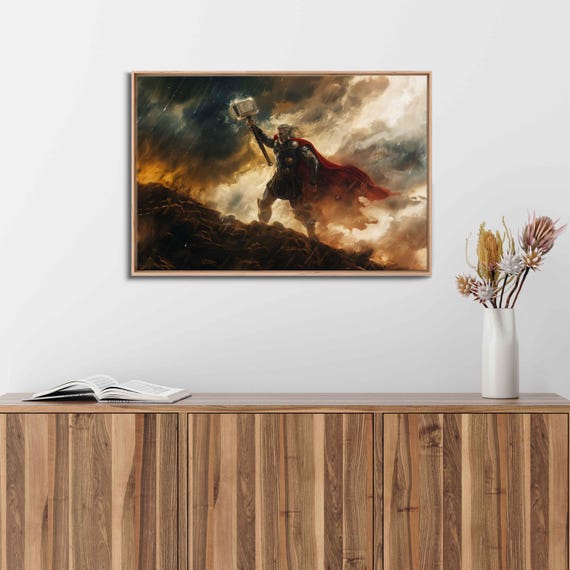 Thor Holding Mjolnir Standing In Stormy Sky Wall Art Print Norse Mythology God Of Thunder German Paganism Ready To Hang