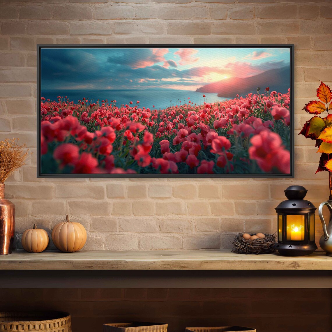 Red Poppy Field Sunset Ocean Backdrop Panoramic Floral Landscape Poster - Image 3