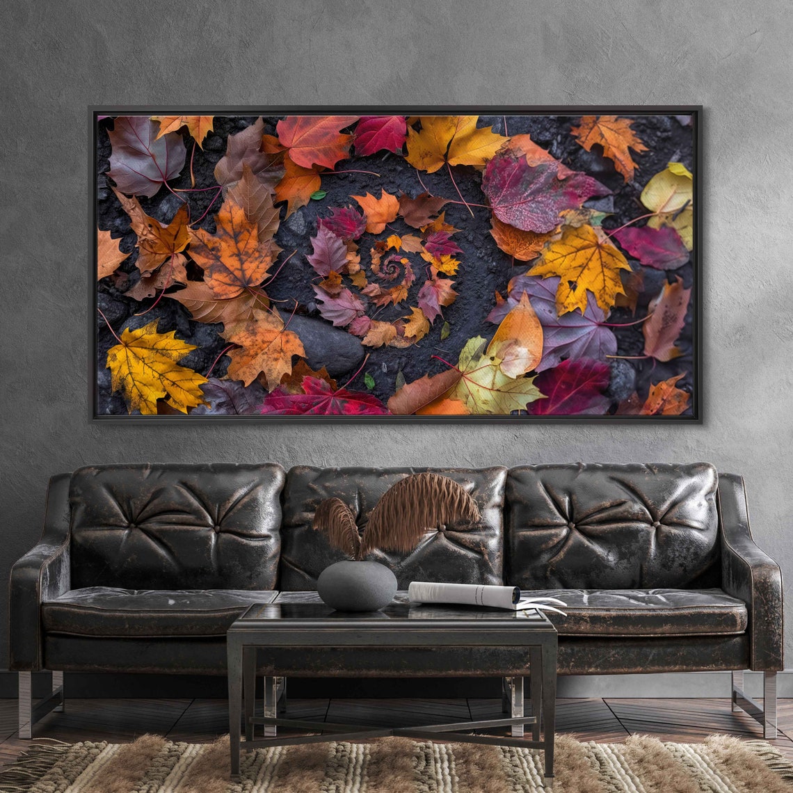 Autumn Maple Leaves Spiral Mandala Fallen Leaves Dark Ground Poster