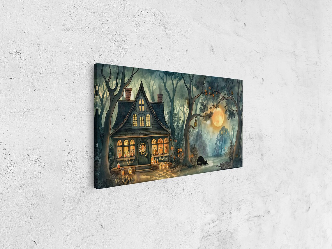 Cozy Witch Cottage With Glowing Lanterns Black Cat Under Harvest Moon Wall Art - Image 4