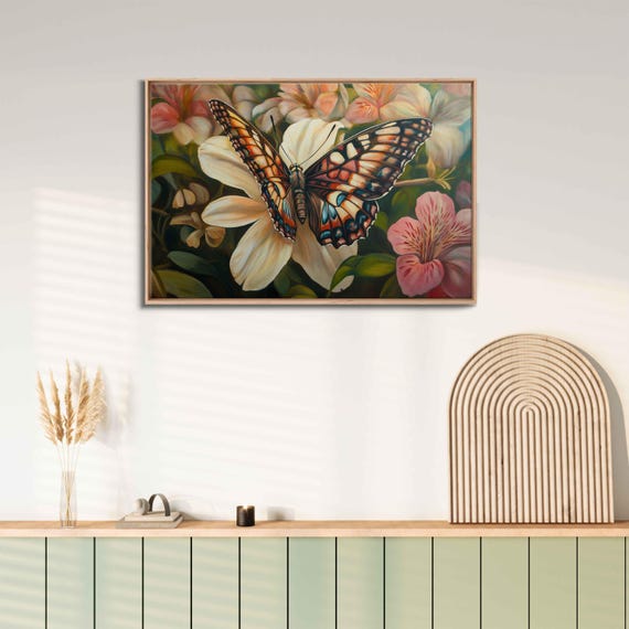 Butterfly On Flower Petal Wall Art Print Lush Oil Painting Dreamy Flora