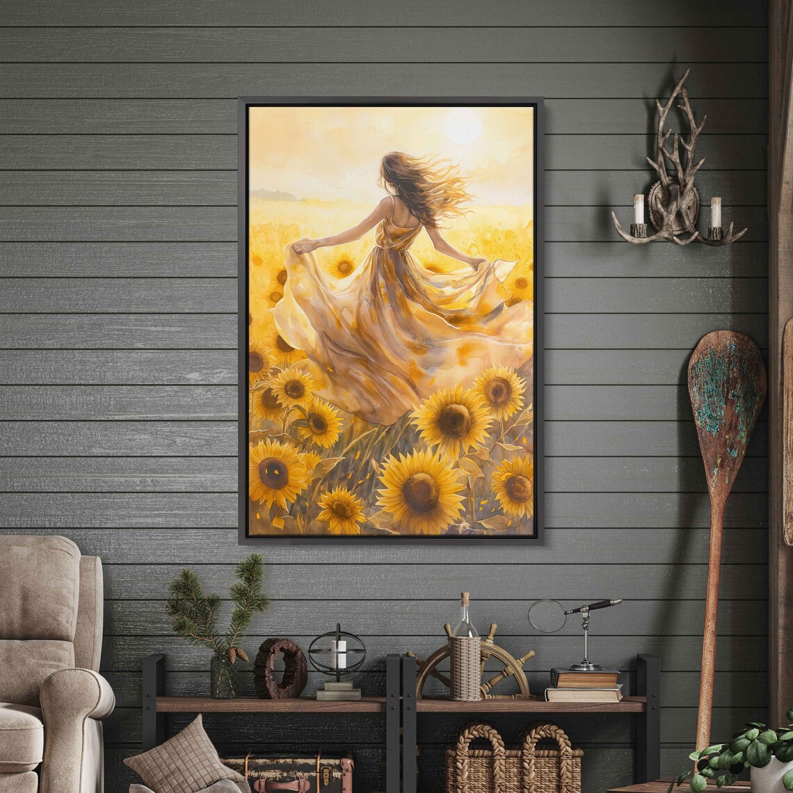 Woman Dancing In Sunflower Field Watercolor Wall Art Print Flowing Sundress Sunny Skies Flowing Hair Ready To Hang - Image 3