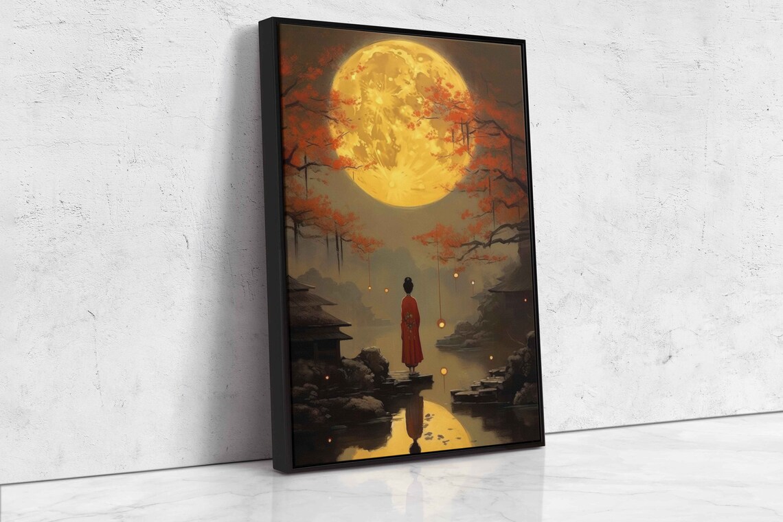 Kimono Figure Golden Moon Autumn Lake Vintage Japanese Oil Art Print - Image 4