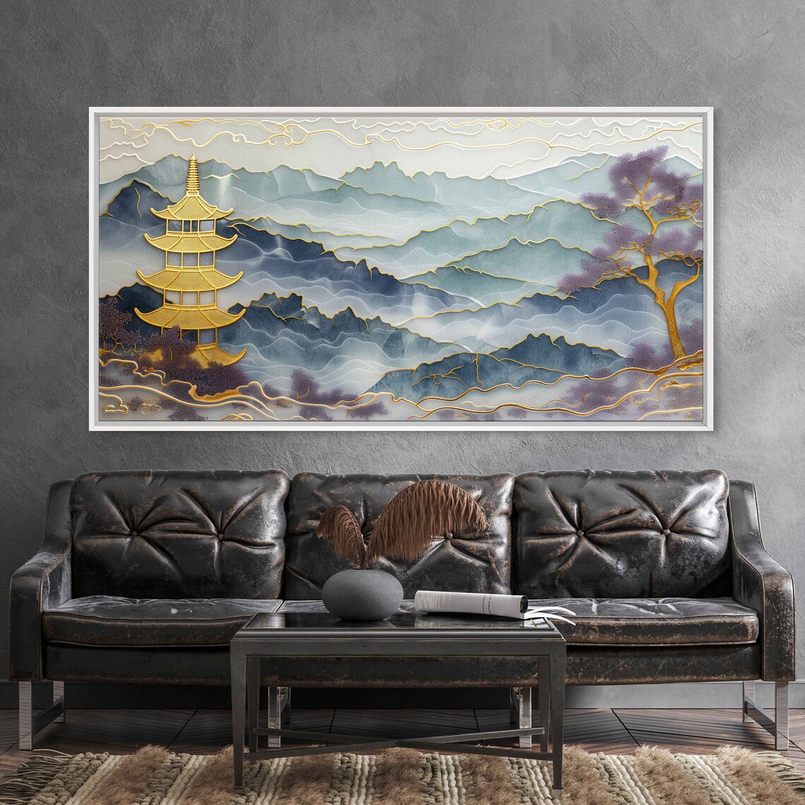 Gold Inlaid Jade Pagoda, Chinese Ink Landscape Art Print - Image 3