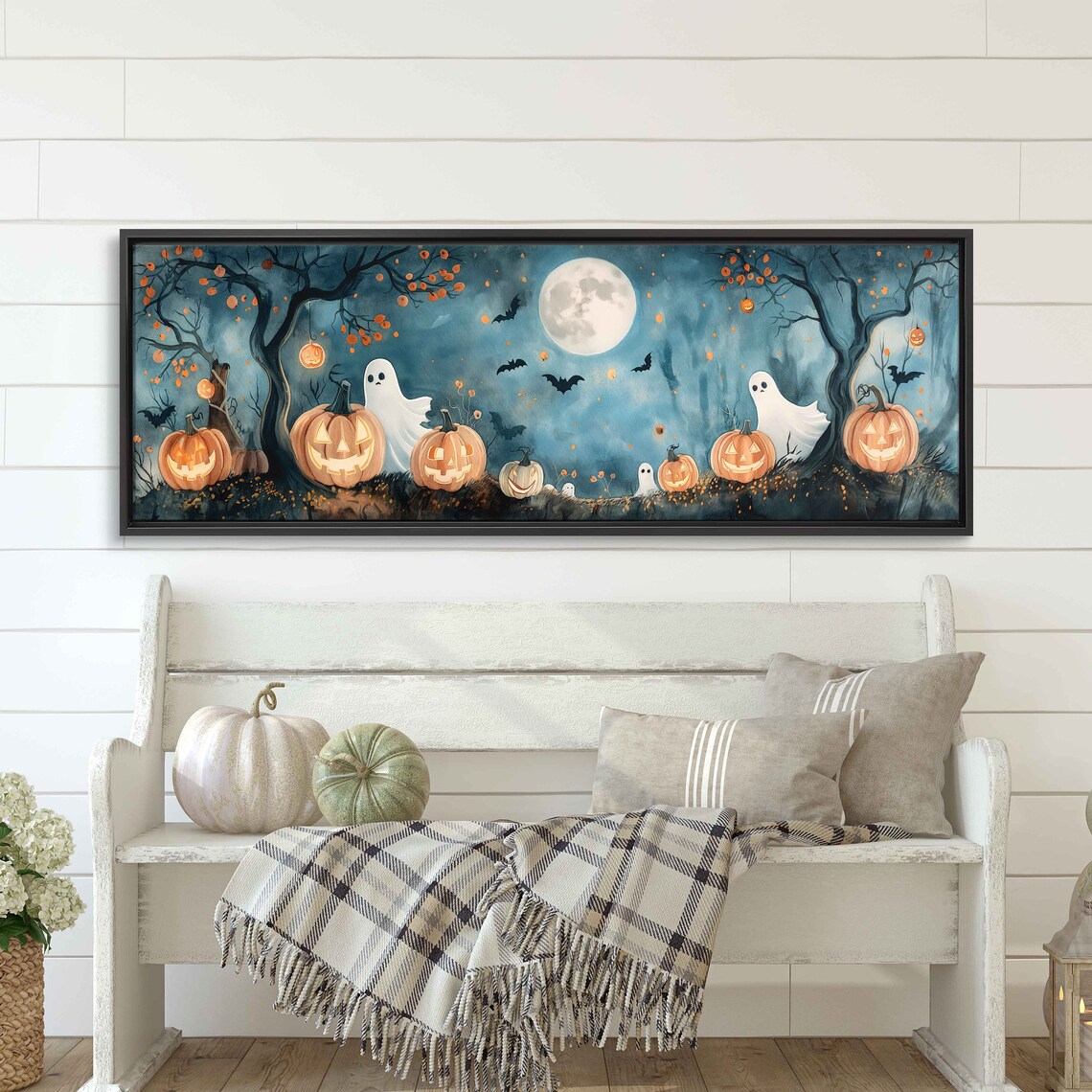 Whimsical Moonlit Pumpkin Patch With Cute Ghosts Jack O Lanterns And Bats Print - Image 3