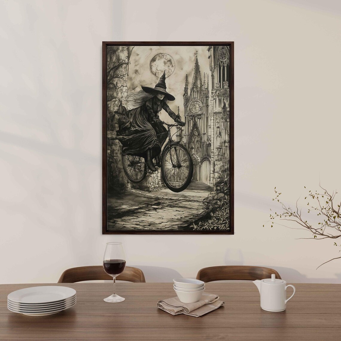 Gothic Witch Riding Bicycle Past Cathedral Under Full Moon Halloween Poster - Image 3
