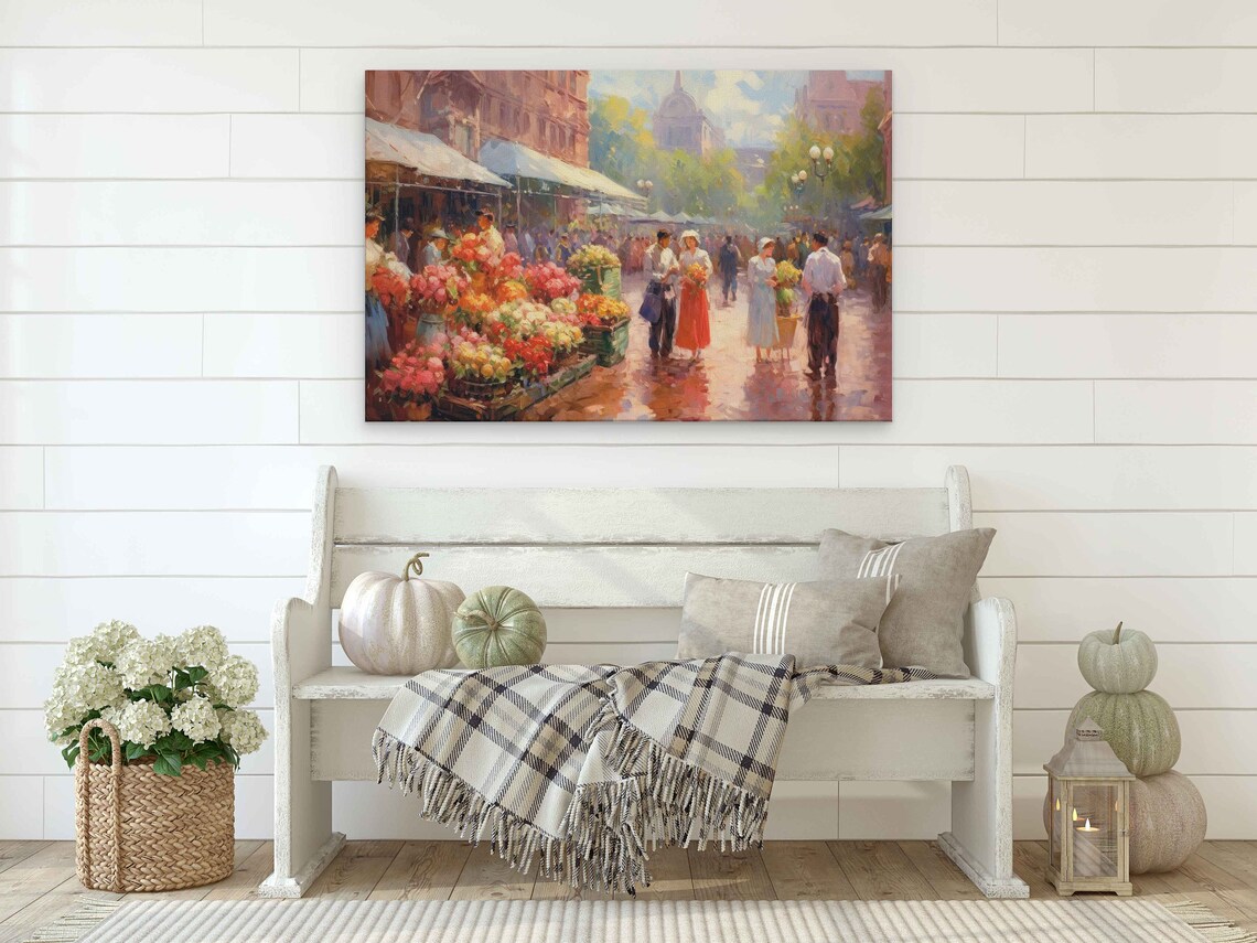 Sunlit Flower Market Street Vendors Impressionist Painting Print - Image 2