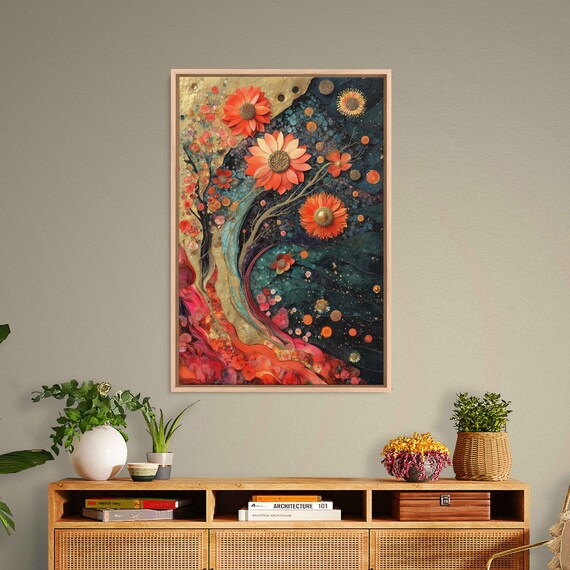 Whimsical Floral Kaleidoscope Wall Art Print Surreal Dream Magic Gold Leaf Accents