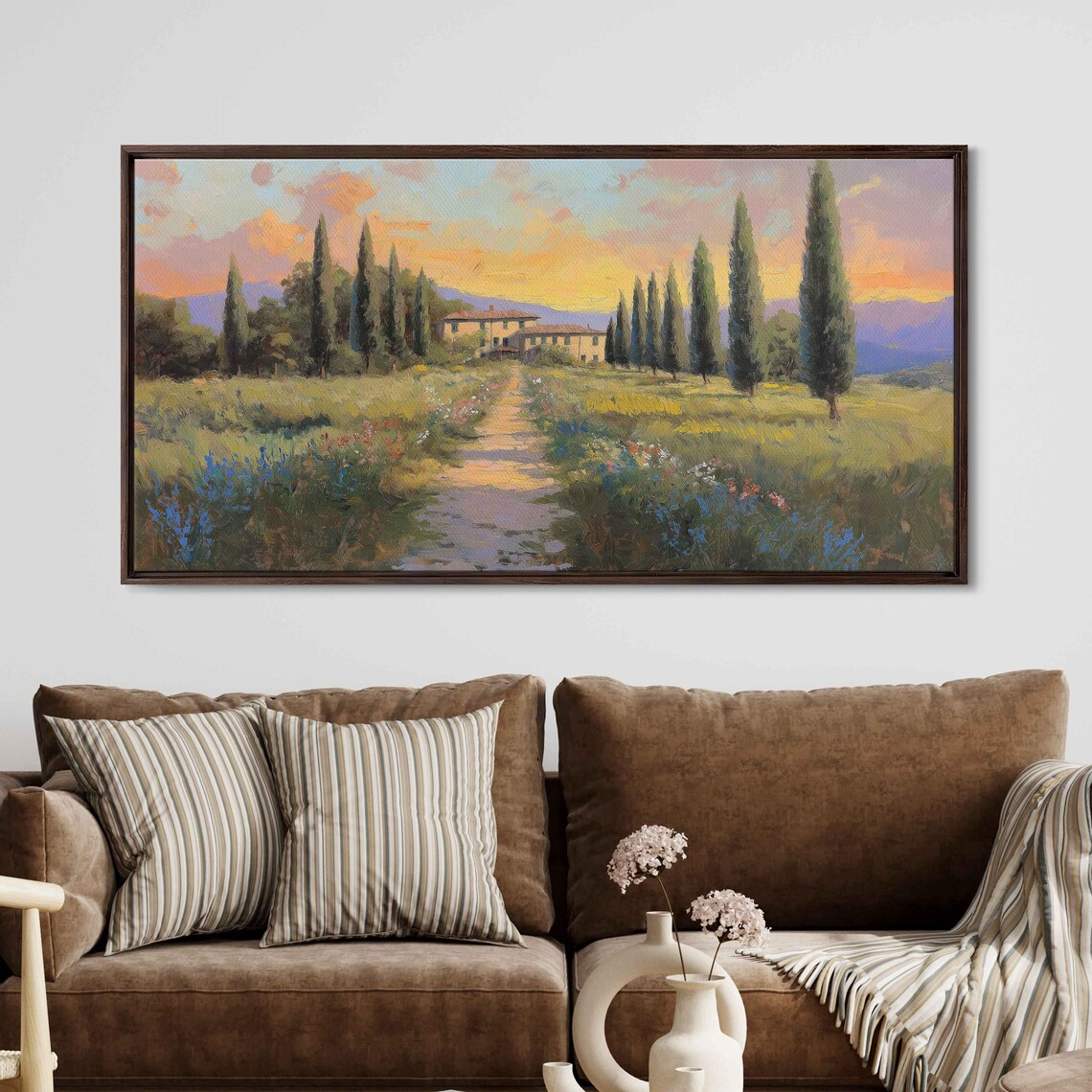 Cypress Tree Alley Landscape Wall Art Print Serene Italian Sunset Scene