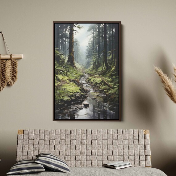 Dense Foggy Forest Painting Wall Art Print Wooded Flowing Stream Towering Trees Ready To Hang