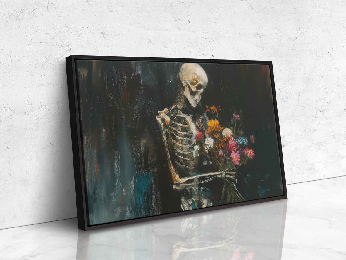 Skeleton Holding Wildflower Bouquet Dark Floral Spooky Gothic Wall Art - Image 4