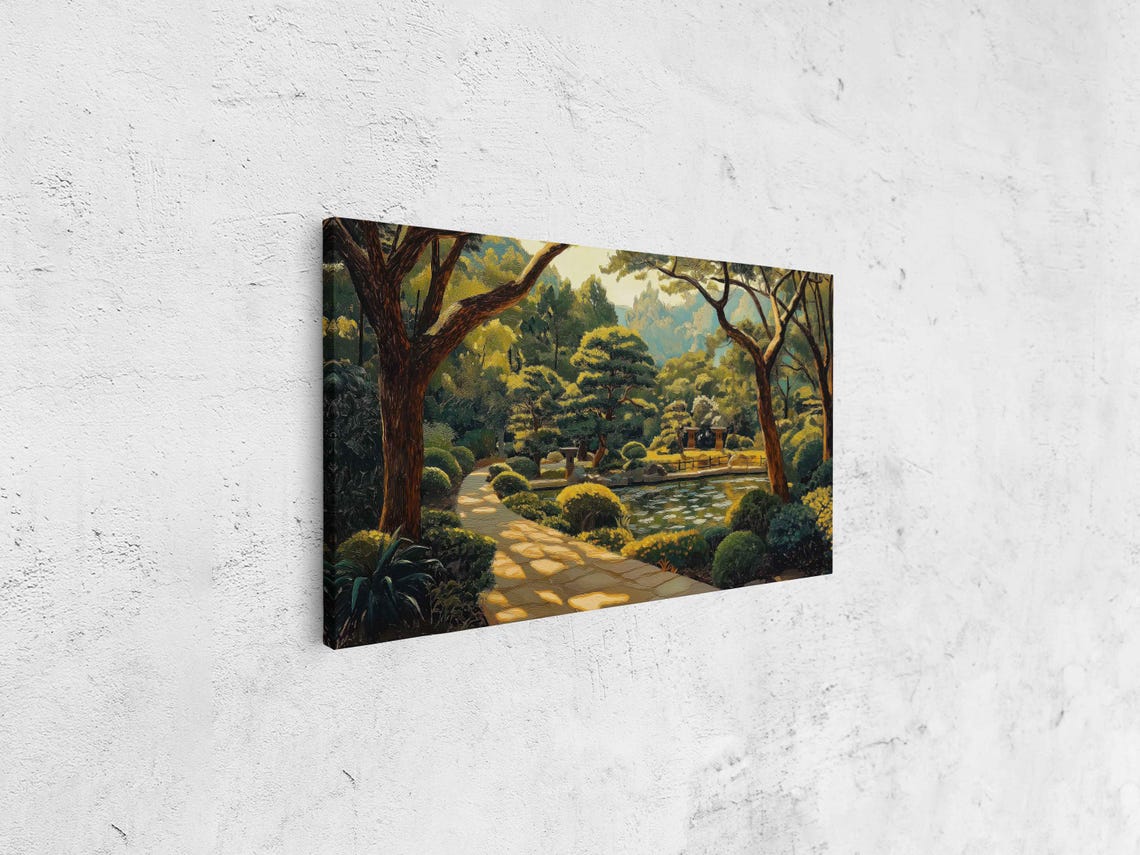 Japanese Zen Garden Wall Art Print Sunlit Koi Pond Ancient Trees Tranquil Nature - Image 4