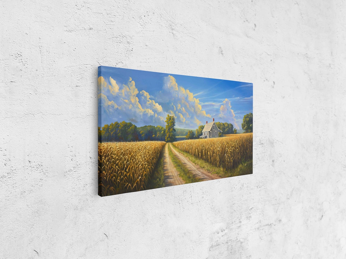 Golden Wheat Field Farmhouse Dirt Road Dramatic Cloudy Sky Painting - Image 4