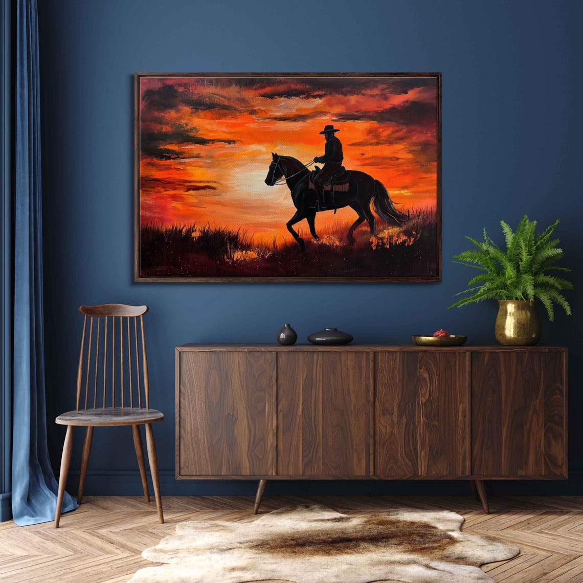 Cowboy Riding Galloping Horse Fiery Sunset Western Action Poster - Image 3