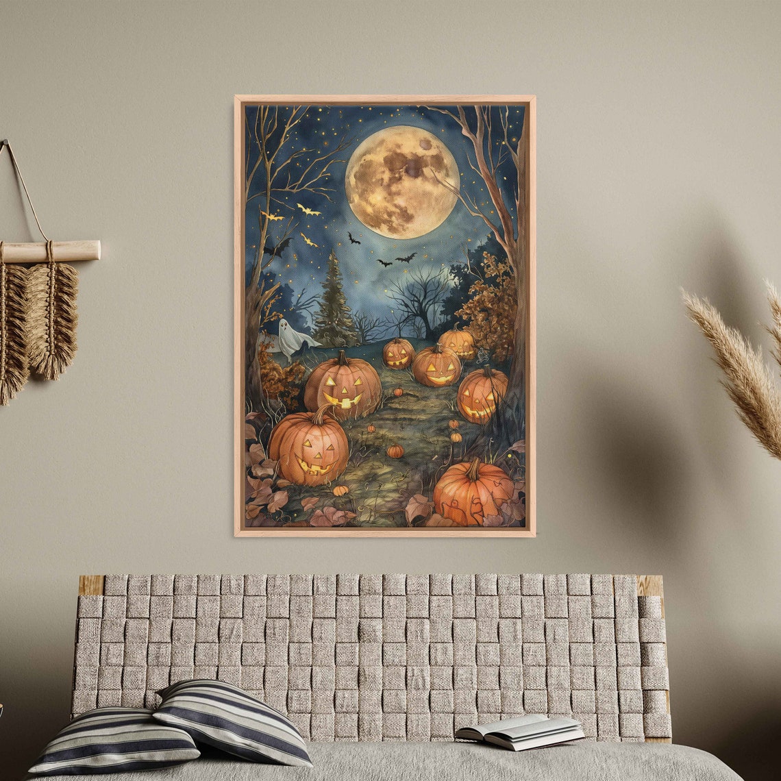 Moonlit Pumpkin Patch Glowing Jack O Lanterns Bats Autumn Print - Image 3