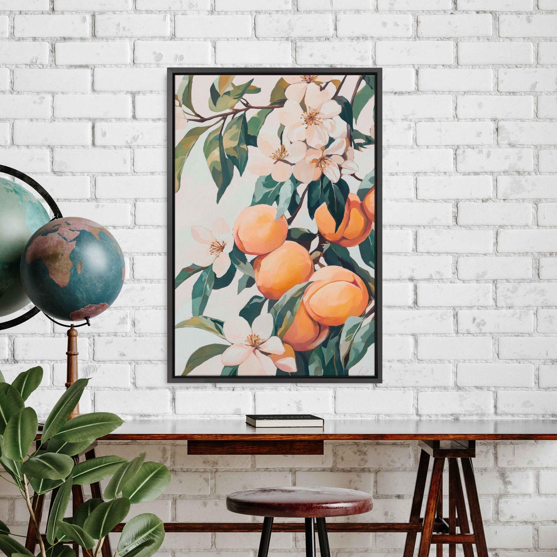 Ripe Peaches On Leafy Branch With Pink White Blossoms Art Poster
