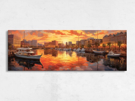 Waterfront Boat Harbor Sunset Glow Marina Cityscape Travel Poster