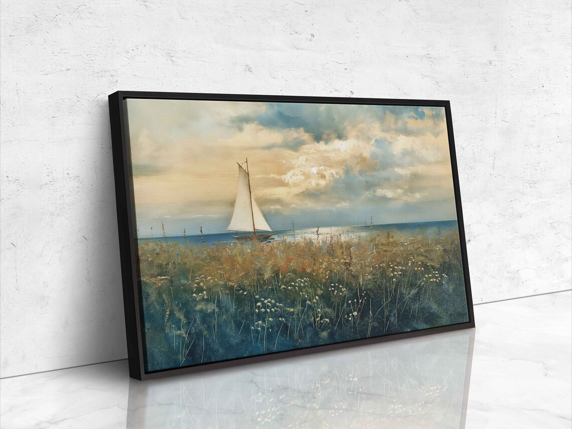 Vintage Sailboat White Sails Marsh Meadow Dramatic Cloudy Sky Painting Poster - Image 4