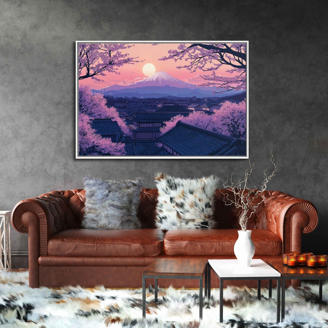 Mount Fuji Over Japanese Village Dusk Cherry Blossoms Ukiyo E Poster
