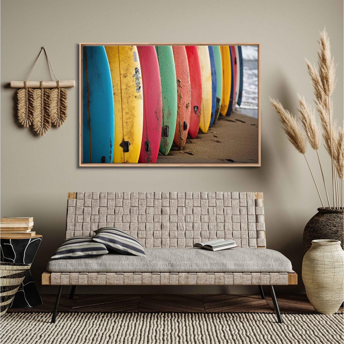 Surfboards Resting On Sandy White Beach Wall Art Print Gift For Surfer Blue Water Ocean Painting Ready To Hang