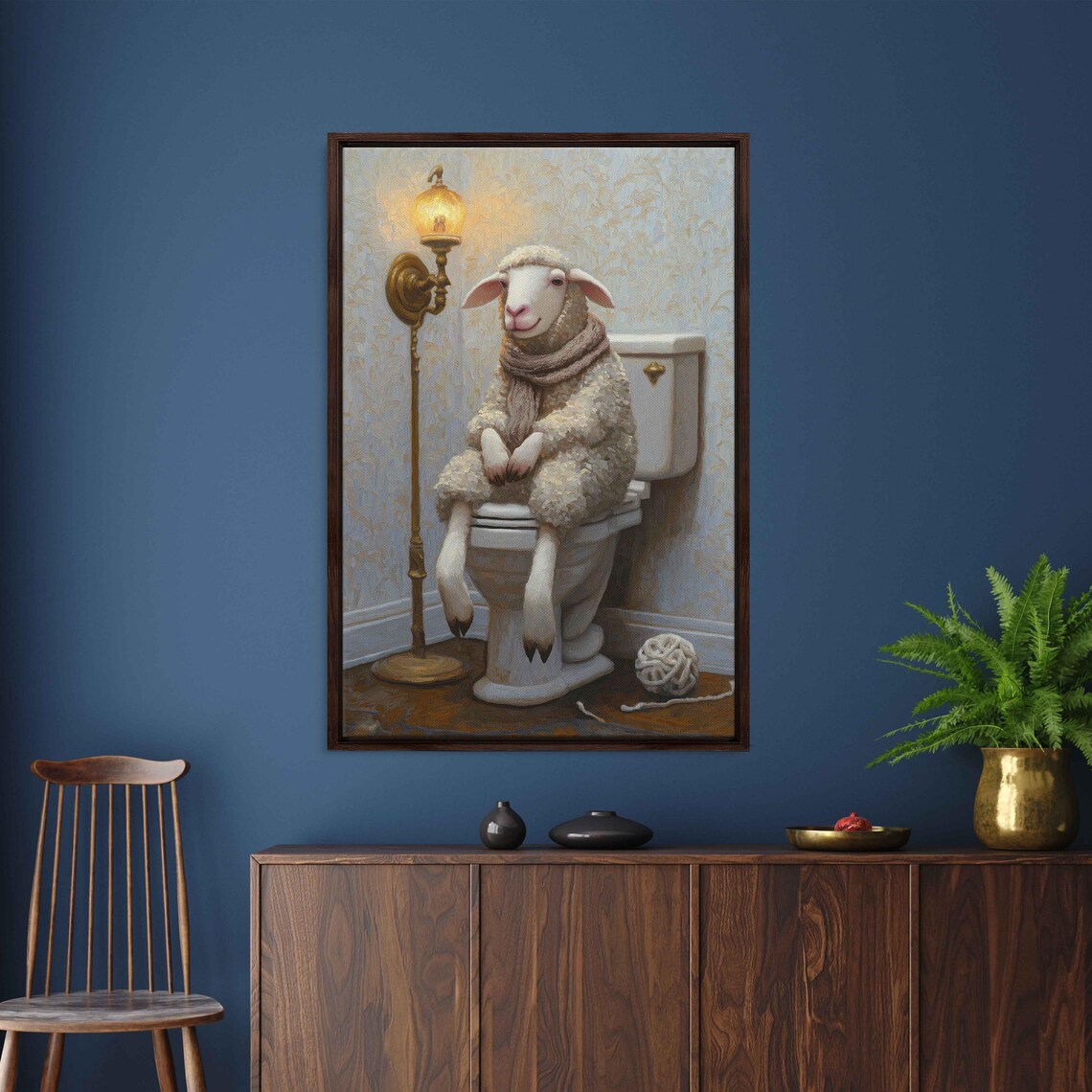 Whimsical Sheep Knitting on a Toilet, Vintage Poster