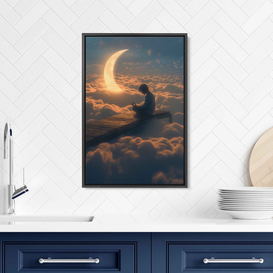 Crescent Moon Man Sitting Dock Above Clouds Surreal Night Sky Wall Poster - Image 2