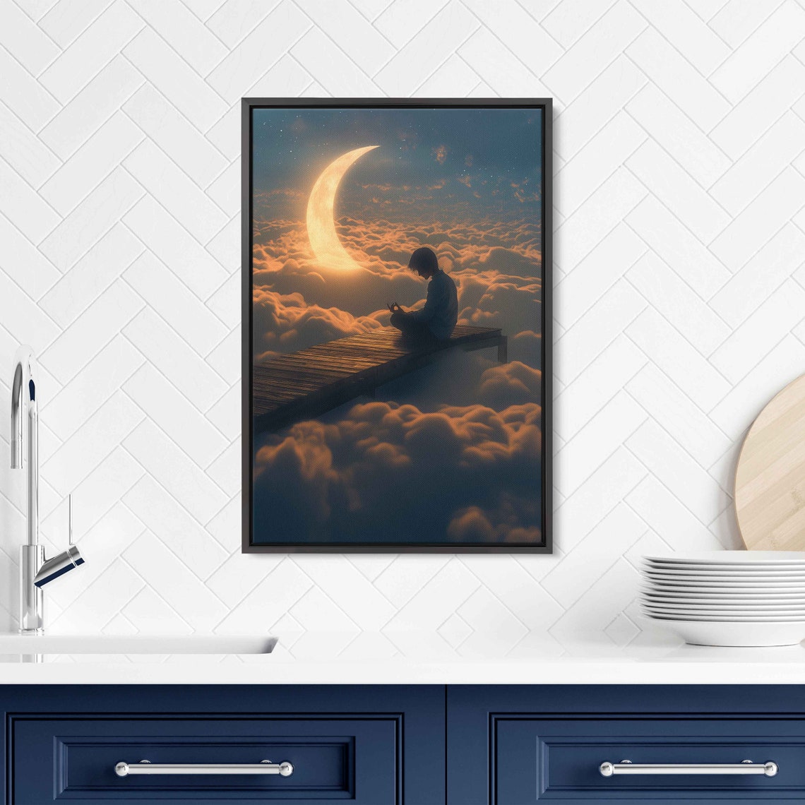 Man Sitting On Bridge With Crescent Moon Above Clouds Hyperrealism Photo Wall Art Print Impressionism Ready To Hang - Image 2