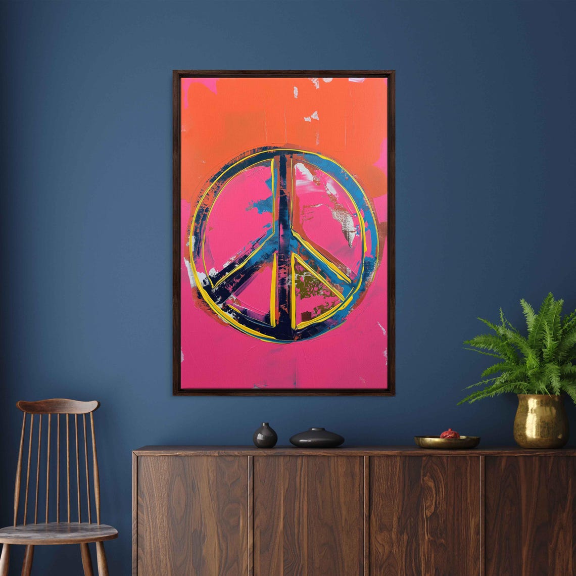 Pop Art Peace Symbol Neon Pink Orange Brushstroke Wall Poster