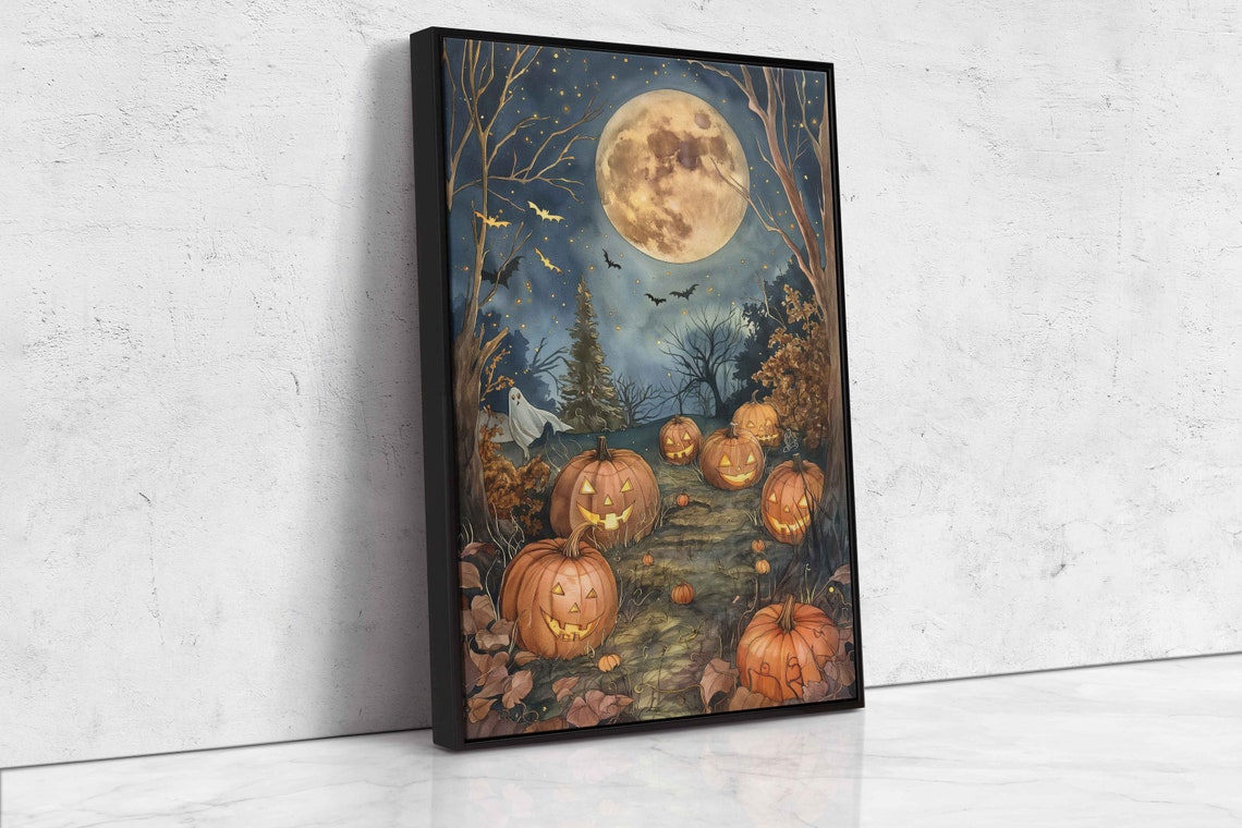 Moonlit Pumpkin Patch Glowing Jack O Lanterns Bats Autumn Print - Image 4