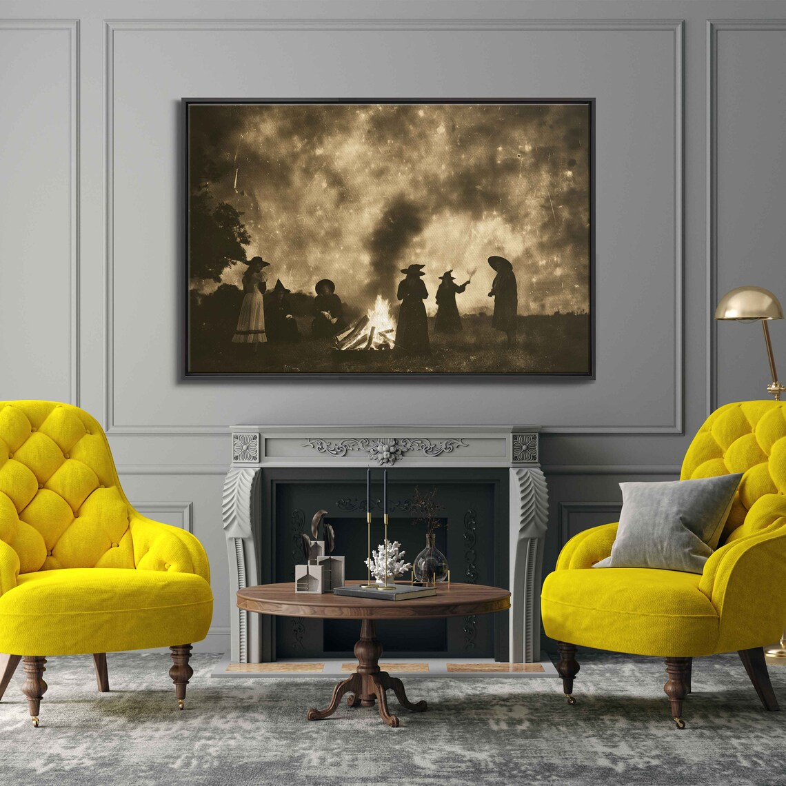 Vintage Witches Gathering Around Bonfire Casting Spells Halloween Print