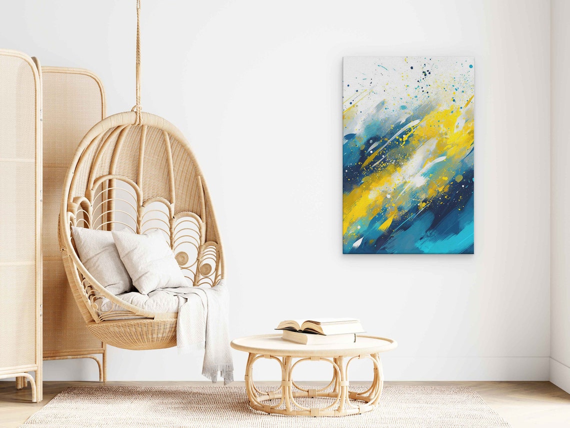 Yellow Blue Abstract Splatter Strokes Modern Wall Art Poster - Image 3