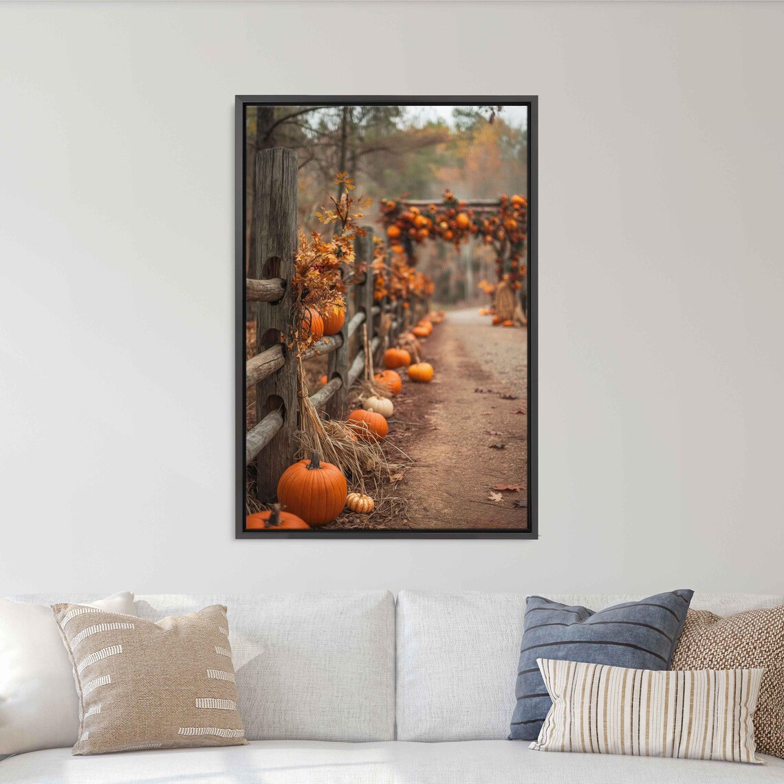 Rustic Wooden Fence With Pumpkins Autumn Country Path Photo Poster