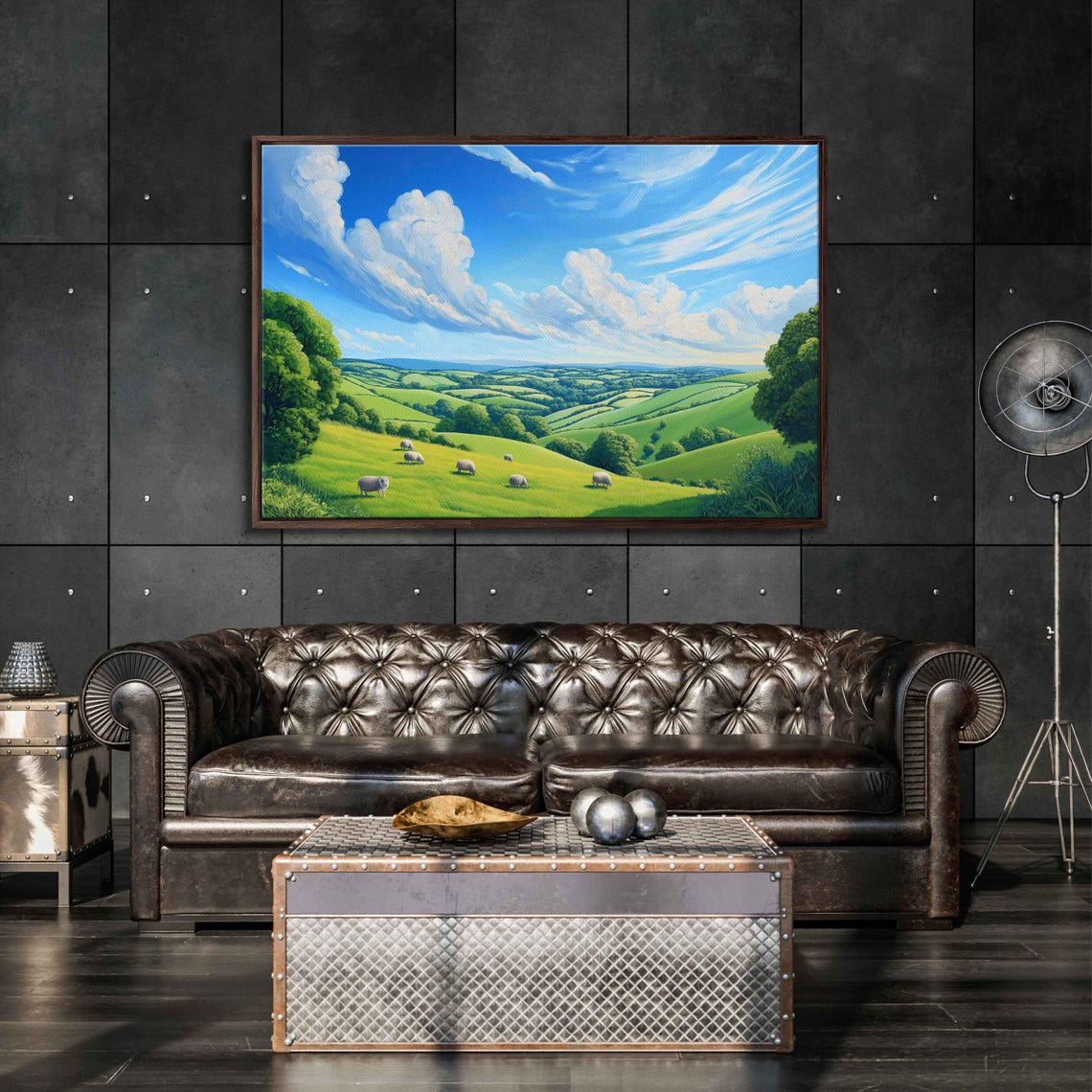 Sheep Grazing In A Lush Green Valley Under Big Clouds Poster