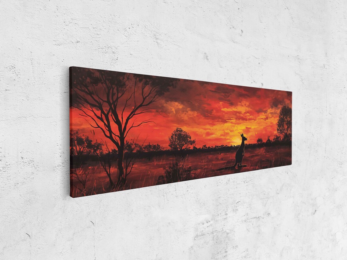 Kangaroo Silhouette Australian Outback Fiery Red Sunset Panoramic Wall Poster - Image 4