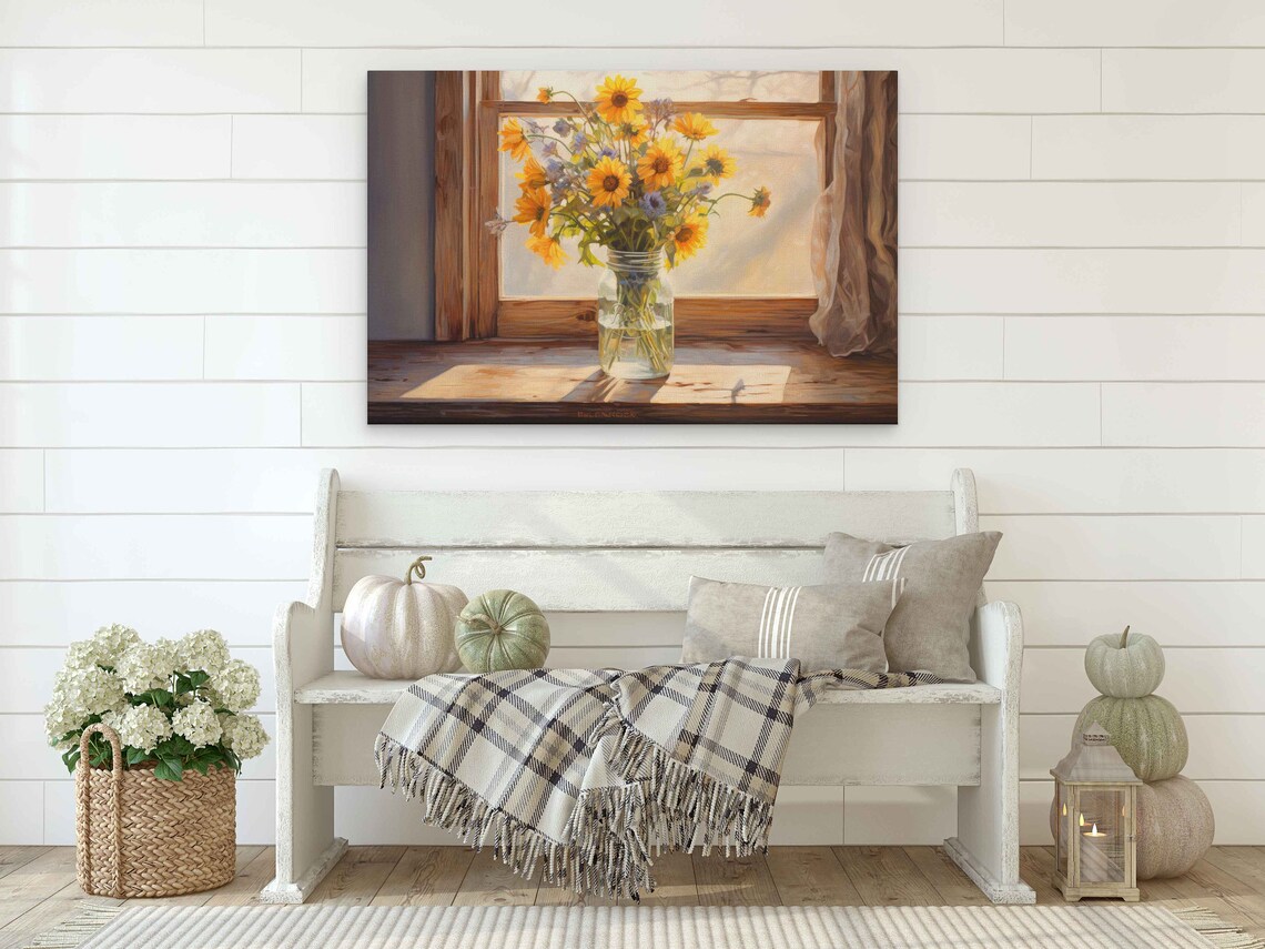 Flowers in Mason Jar, Rustic Floral Art Print - Image 2