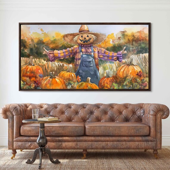 Cheerful Scarecrow In Pumpkin Patch Fall Harvest Watercolor Poster