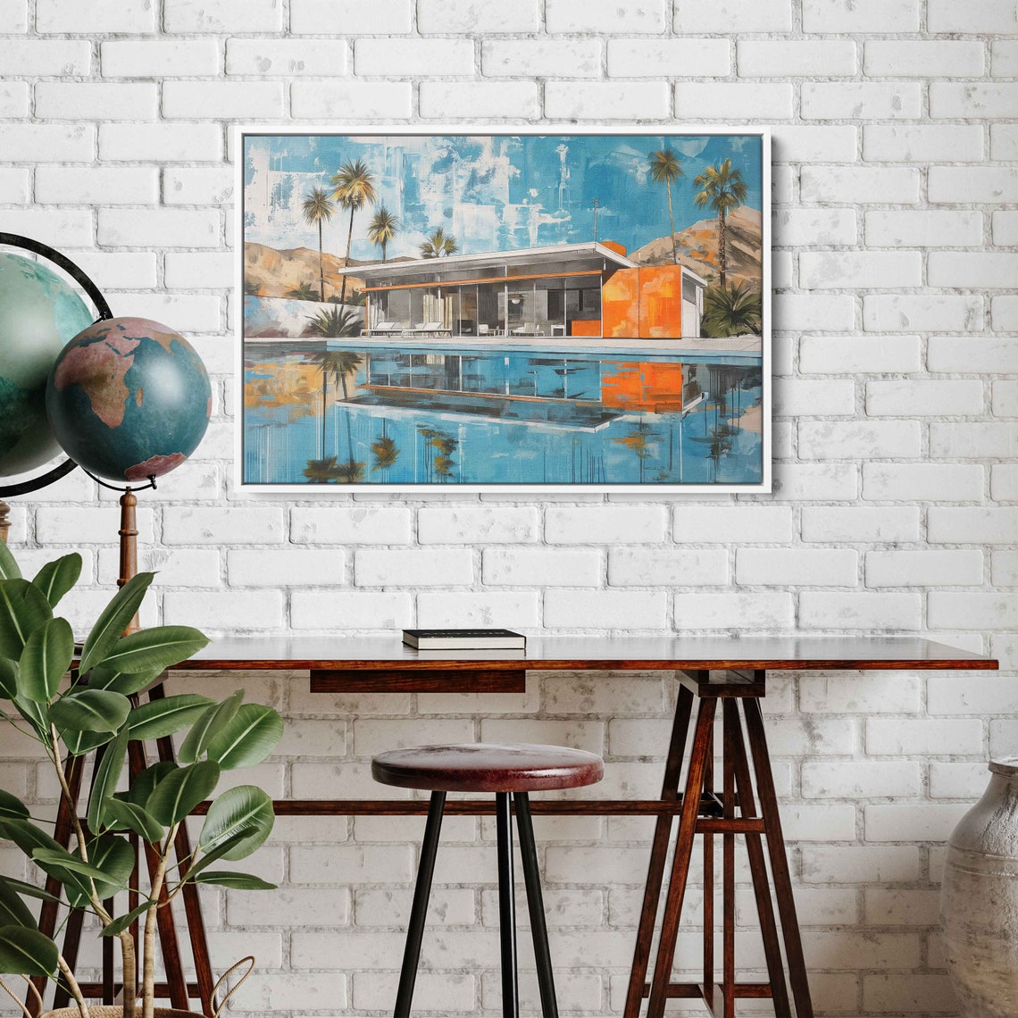 Mid Century Modern House With Pool Palm Trees Painting Art Poster - Image 3