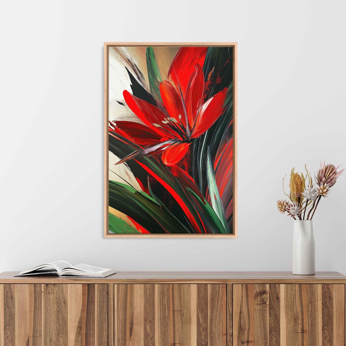 Bold Red Amaryllis Flower Abstract Brushstroke Floral Art Print