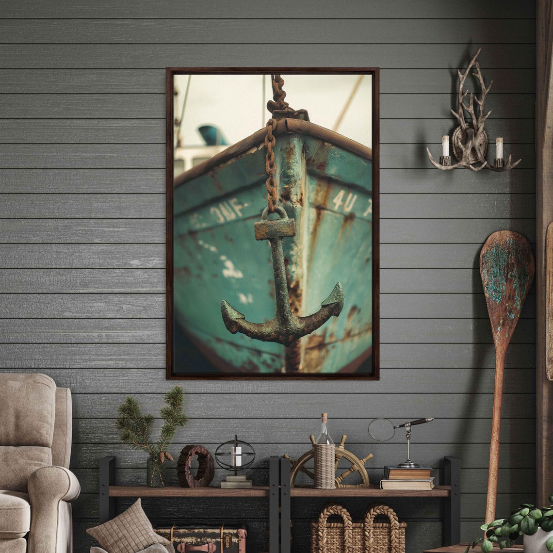 Rusty Anchor With Chain Hanging Off Weathered Teal Boat Bow Poster - Image 3