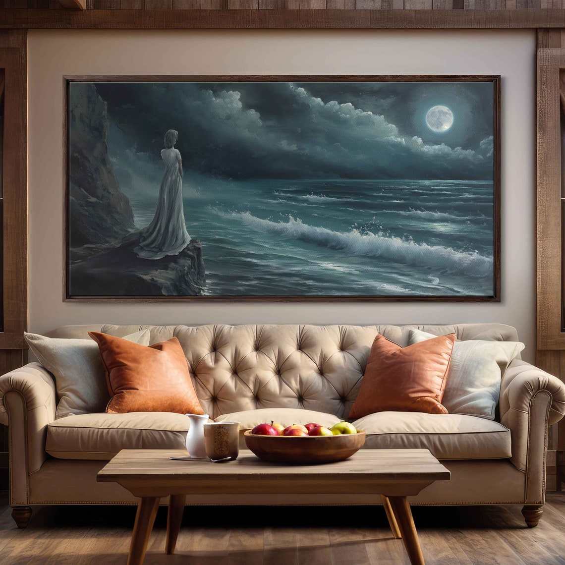 Ghostly Woman Cliff Ocean Moonlight Waves Vintage Gothic Art Print - Image 3