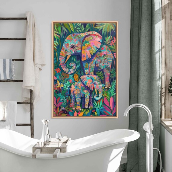 Colorful Patterned Elephants Whimsical Jungle Playful Family Wall Art