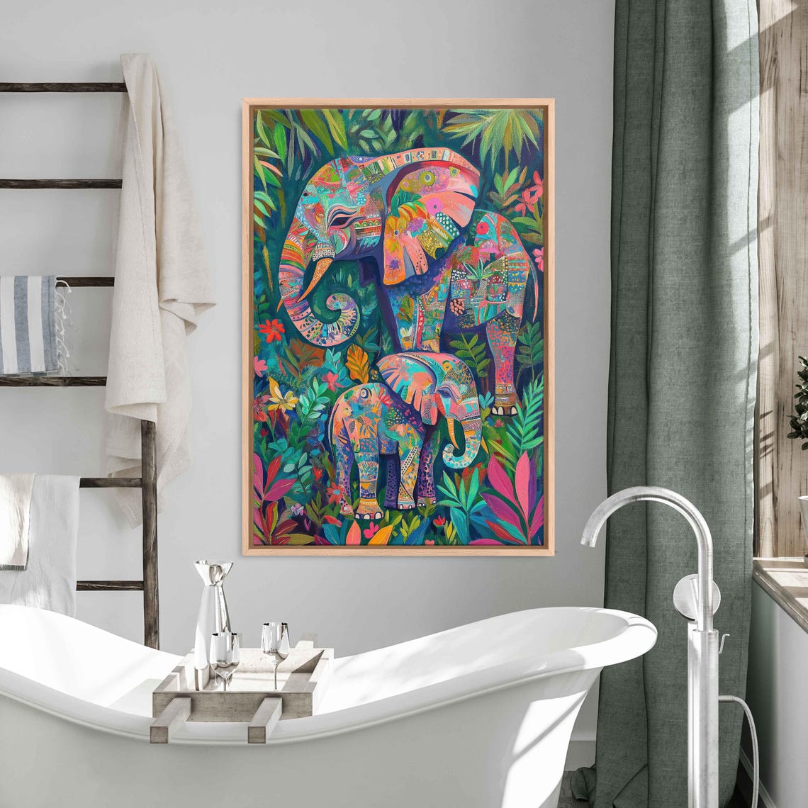Colorful Patterned Elephants Whimsical Jungle Playful Family Wall Art
