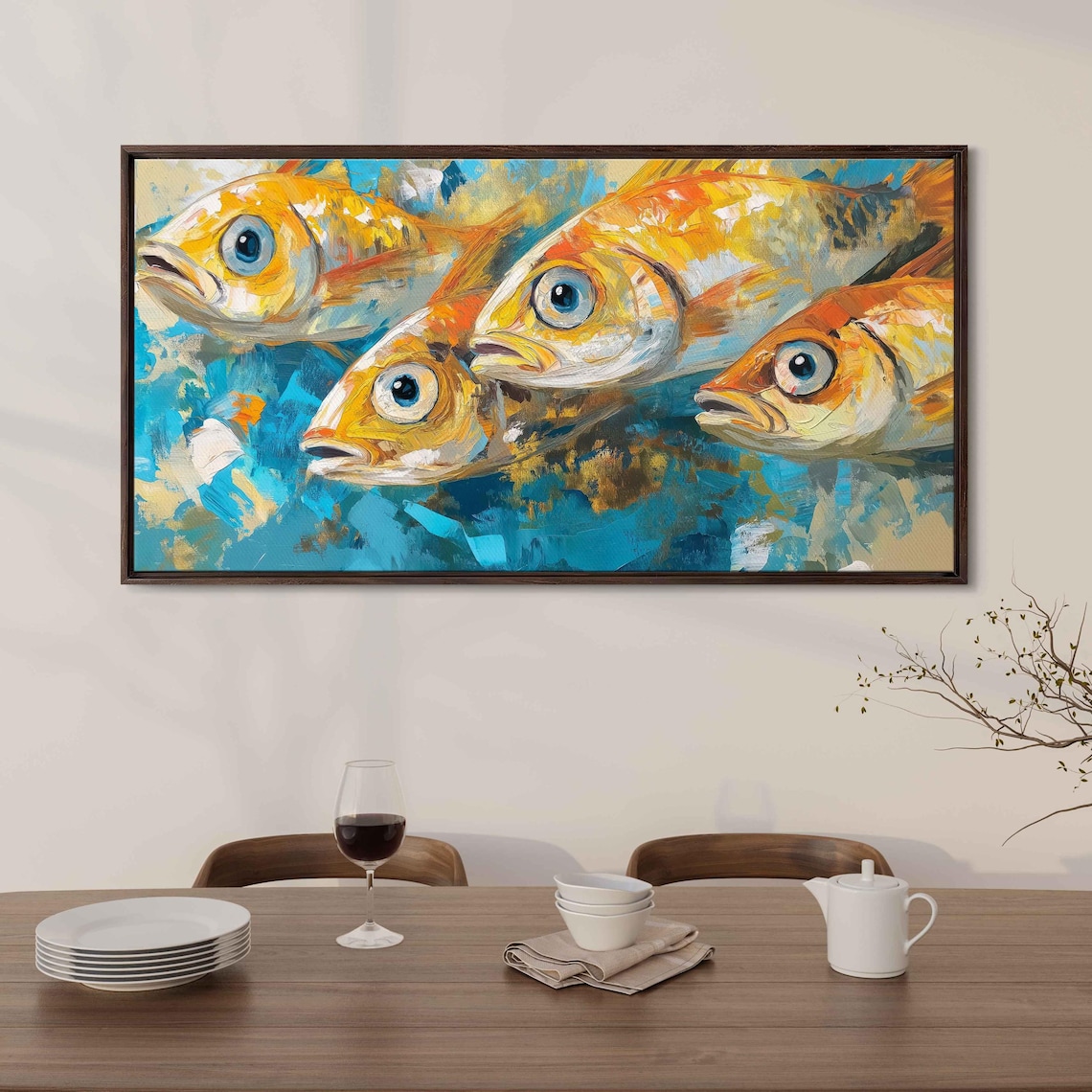 School Of Golden Fish Curious Faces Turquoise Acrylic Art Poster