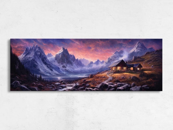 Cabin Starry Night Sky Panoramic Landscape Painting Framed Print Ready To Hang Coloful Night Sky Living Room Decor