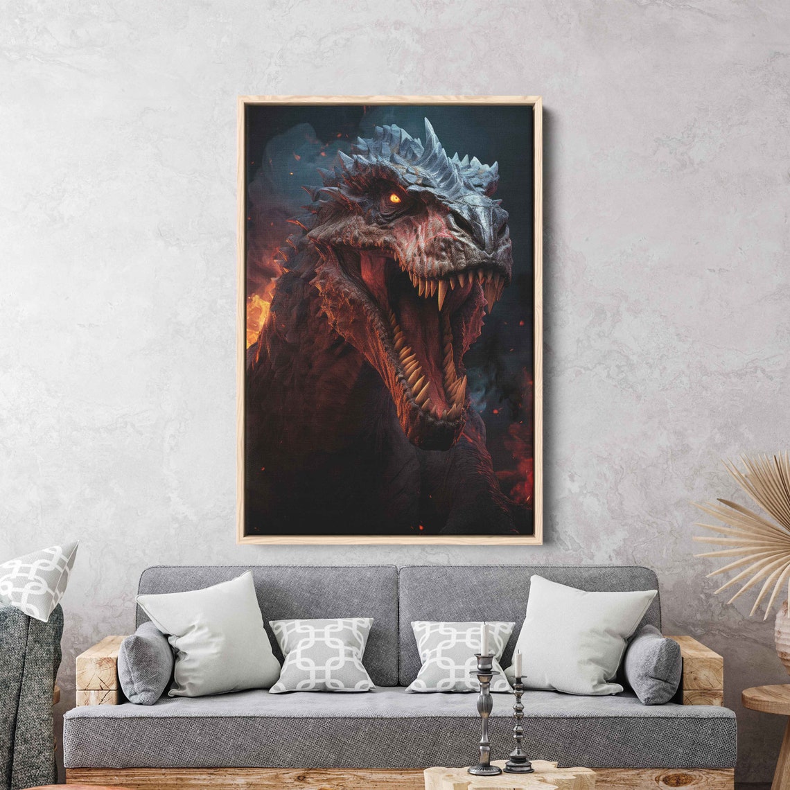 T-Rex Roaring Head On Dark Fiery Night Dinosaur Fantasy Art Poster - Image 3