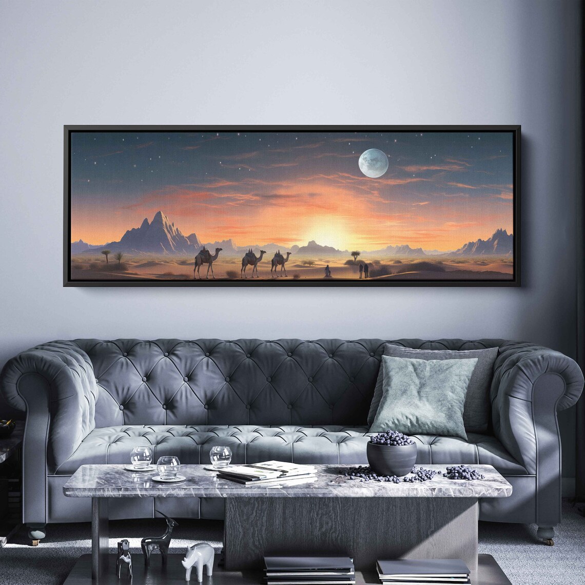 Desert Sand Dunes Camels Panoramic Wall Art Print Sunset Mountain Range Moon Over Desert Ready To Hang