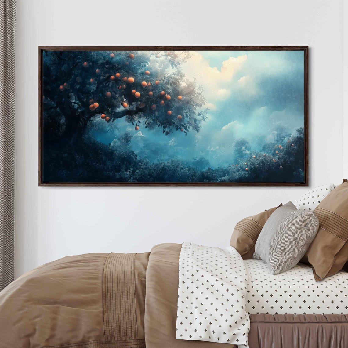 Glowing Orange Fruit Orchard Misty Blue Forest Night Trees Poster