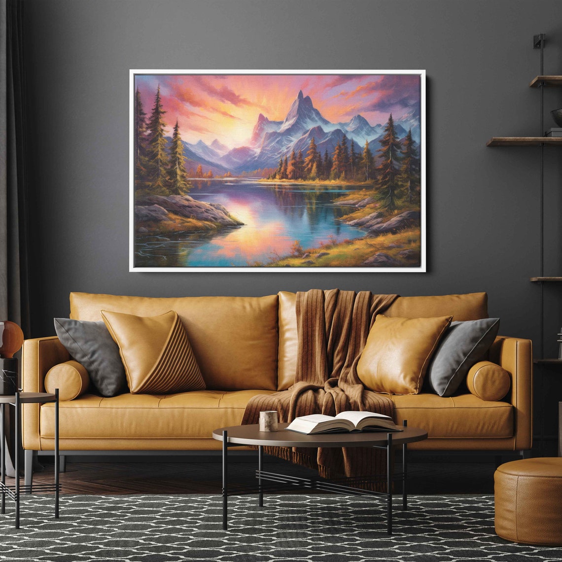 Mountain Lake Sunset Reflection Snowy Peaks Pine Forest Art Poster - Image 2