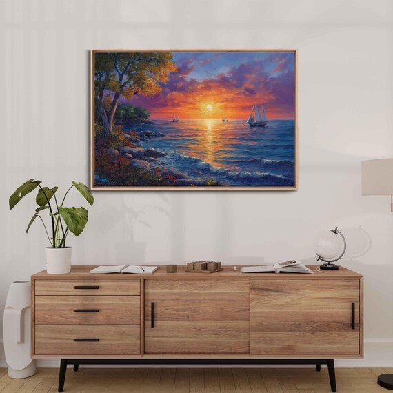 Sailboat Sunset Purple Orange Sky Ocean Waves Rocky Shore Painting Travel Poster